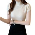 thumbnail image 1 of Basic Knit turtleneck Women T Shirt Ribbed Cotton Pullover Tops Soft Female Short Sleeves Tshirt, 1 of 6