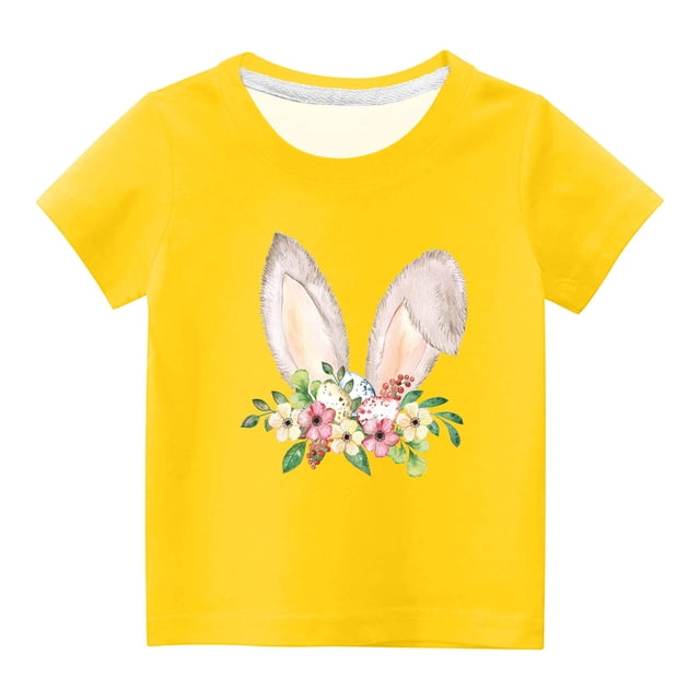 Penkiiy T-Shirts de Pâques pour Enfants Garçons Filles Mode Oreilles de Lapin de Pâques Imprimé Col Rond Manches Courtes 5 Ans Jaune