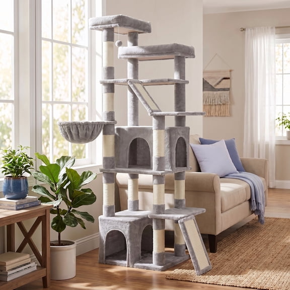 LEDREM Cat Tree Multi-Level Tower with Sisal Scratching Posts for Large Cats 21.6 x 17.7 x 72.6 Inches Light Grey