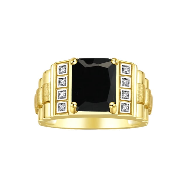 RYLOS Men's Rings 14K Yellow Gold Designer Style 10X8MM Emerald Cut Shape Gemstone & Diamonds Onyx October Birthstone Rings For Men Size 8