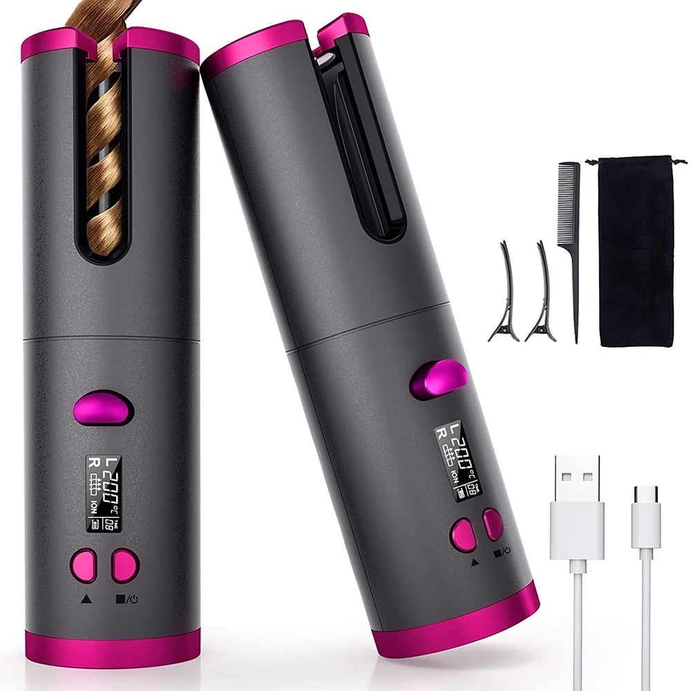 Cordless Auto Hair Curler, Automatic Curling Iron with LCD Display Adjustable Temperature & Timer, Portable Rechargeable Rotating Ceramic Barrel Curling Wand Fast Heating for Hair Styling