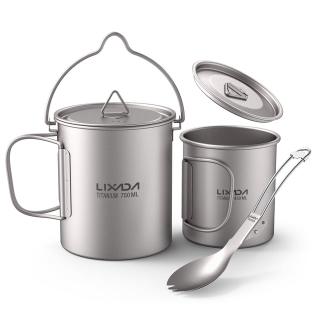 Ensemble de 3 Pcs en Titane Léger, Pot en Titane 750 ml, Tasse 450 ml, Tasse avec Couvercle, Poignée Pliable, Spork Pliable pour Camping, Randonnée, Backpacking en Plein Air, Pot 750 ml et Tasse 420 ml et Spork