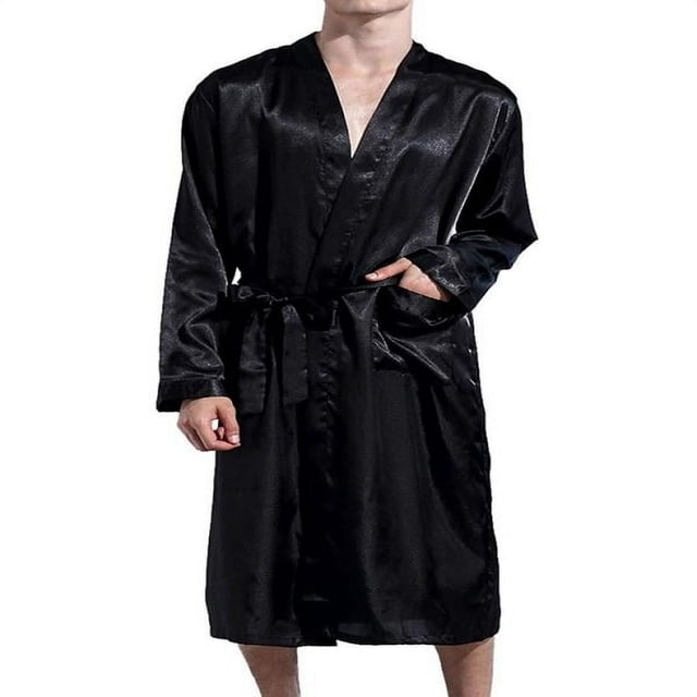 Men's imitation silk bathrobe in a classic long design with knee-length coverage, long sleeves, and a matching belt. Made from lightweight, breathable polyester material with a smooth, skin-soft texture. Features convenient waist pockets for carrying small items. Ideal for men's sleepwear or lounging at home, shown in a sleek black color.