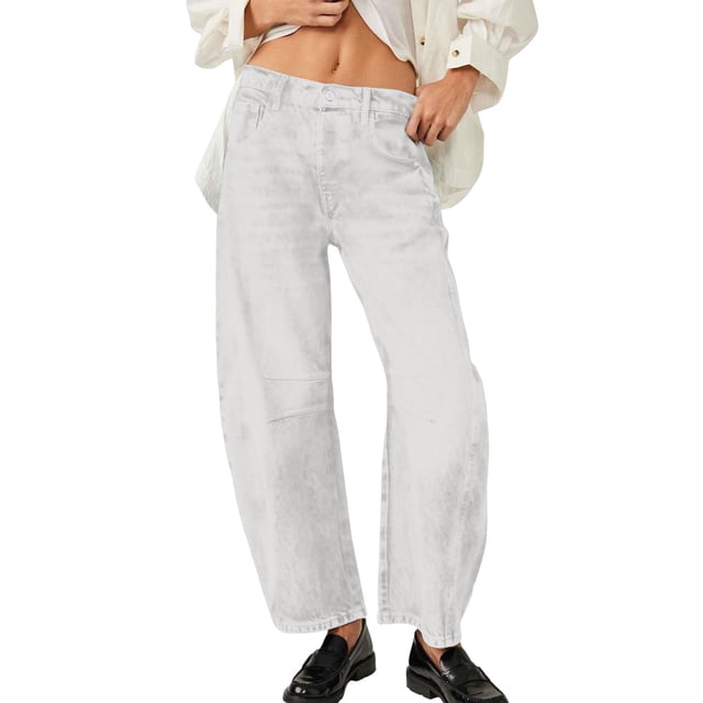 Bmisegm Women's Fashion Wide Leg Mid Rise Cropped Barrel Jeans, White, L