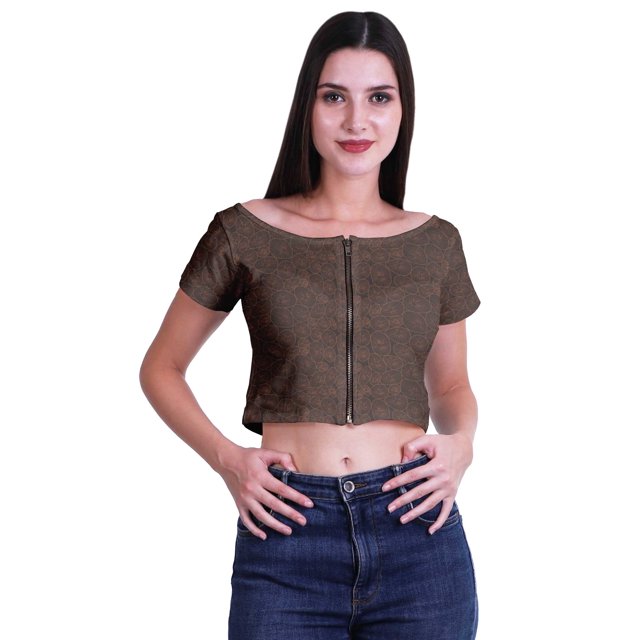Moomaya Printed Viscose Crop Top Short Sleeve Zipper Tunic Womens Summer Tops