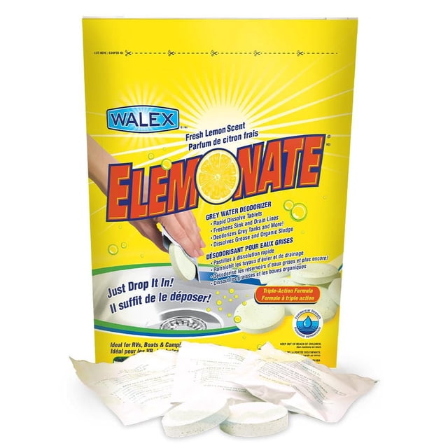 Walex Elemonate® Grey Water Deodorizer (20 Pack) with fresh lemon scent, showing a yellow resealable bag and dissolvable tablets being dropped into a sink drain, designed to deodorize and dissolve grease and organic sludge in grey water tanks, sinks, and drain lines, suitable for RVs, boats, and home use.