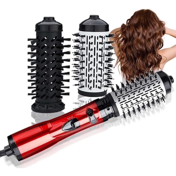 Séchoir à Cheveux Rotatif 3 en 1 Styler Air Chaud, Brosse Sèche-Cheveux en une Seule 2 Brosses Interchangeables, Brosse à Cheveux Chaude à Rotation Automatique pour Cheveux Secs et Mouillés, Rouge