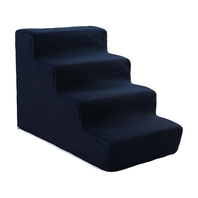 Dog Stairs Pet Steps Ramp Puppy Stairs Convenient Cat Stairs Dog Steps with 4 removable steps in dark blue. Made of high-density sponge with a durable, scratch-resistant fabric cover. Features an anti-slip bottom for stability and a removable, machine-washable cover for easy cleaning. Suitable for small dogs, puppies, and short-legged pets. Dimensions: 37cm x 55cm x 40cm (14.57in x 21.65in x 15.75in).