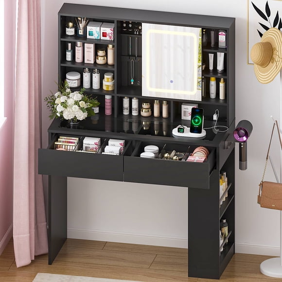 Ktaxon Makeup Vanity w/ Visible Glass Top, Get Ready with Me Vanity with Mirror, LED Sliding Mirror,Black