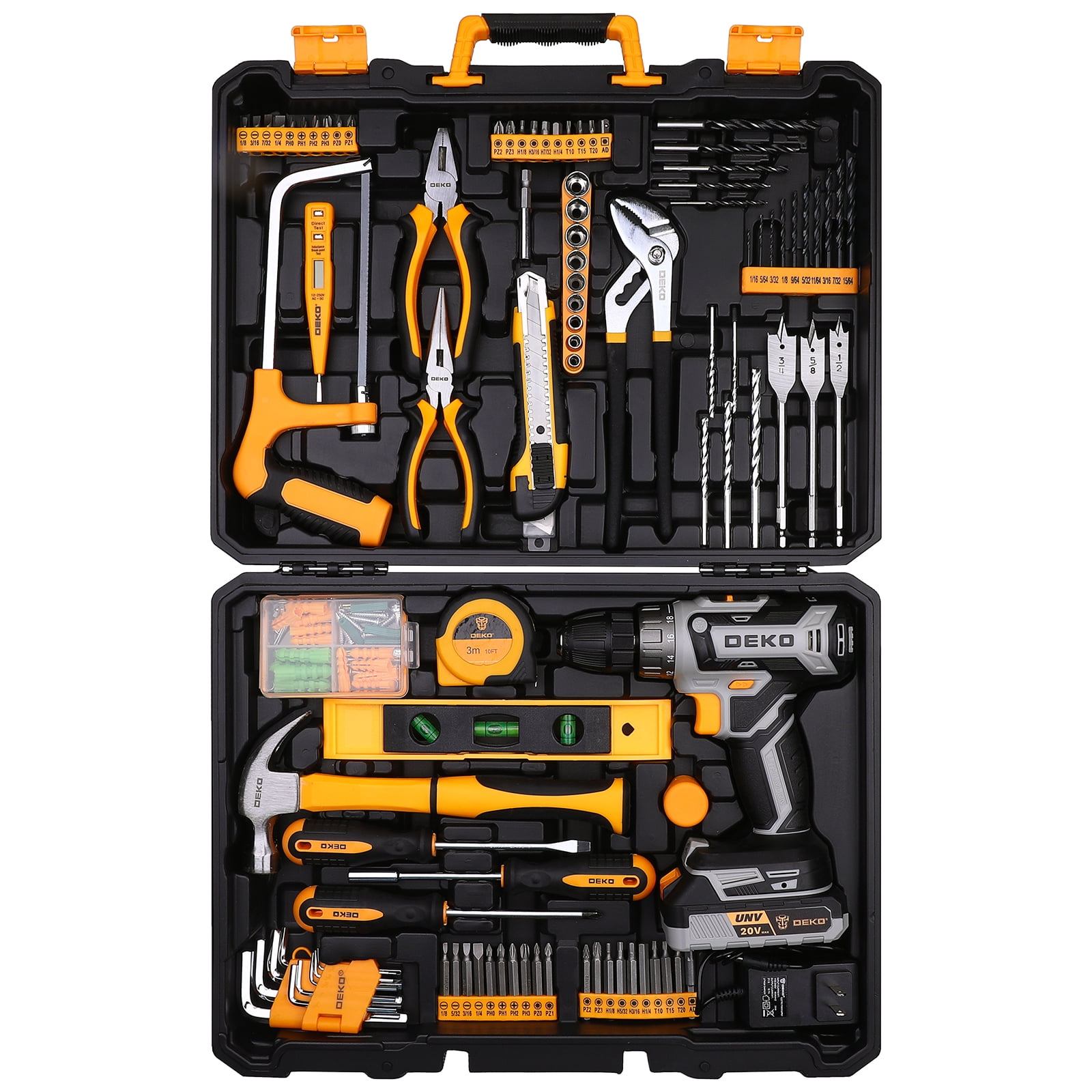 DEKO 20V cordless drill kit with battery, men's drill, manual repair, basic toolbox, suitable for household tools