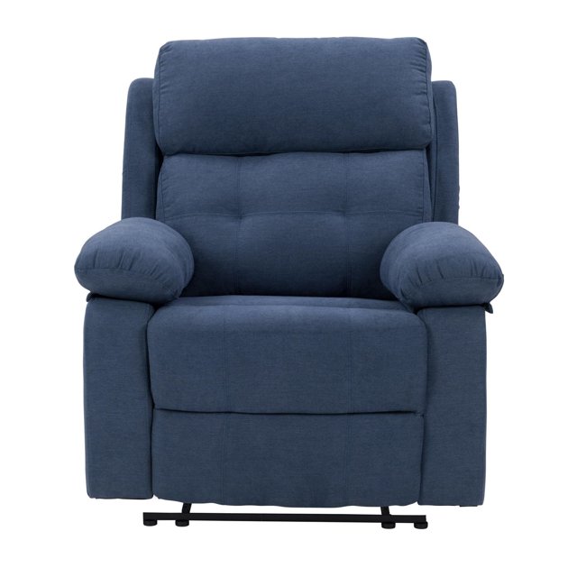 CorLiving Oren extra-wide soft fabric upholstered indoor manual recliner in blue, front-facing view with padded pillow-top armrests, cushioned tufted backrest, and manual pull lever for reclining, suitable for living room seating and ergonomic support.