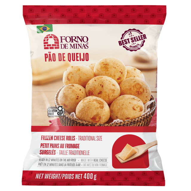 Forno De Minas Rouleaux de Fromage Classique Traditionnel Sans Gluten, Emballage de 400 g Montrant un Panier de Rouleaux de Fromage Rond Doré Glacé avec une surface Texturée, Certifié Sans Gluten et Fait avec du Vrai Fromage, Idéal pour la Boulangerie Surgelée et le Pain Surgelé. Ces Rouleaux Format Traditionnel Sont Prêts en 12 minutes à la Friteuse à air Chaud et Sont Souvent Utilisés comme Collation Ou Amuse-Gueule Pratique.