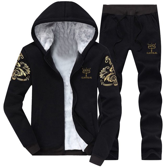 Men's Casual Print Two Slim Fit Suits for Men Piece Plush Hooded Pocket Graduation Suits for Men Coat Drawstring Pants Set