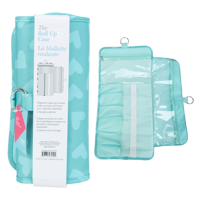 EQB - Cosmetic Bag - Roll Up Pouch Fun Hearts - 1 Pc with turquoise heart-patterned roll-up design, six brush pockets, two clear zippered compartments, and two metal hooks for hanging vertically or horizontally, suitable for organizing makeup brushes and cosmetics during travel.