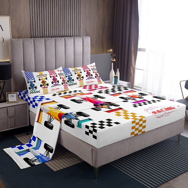 Go Kart Bed Sheets Set Karting Race Cars Sheets,Racing Drift Kart Sheet Set Queen,Extreme Sport Top Sheet Competitive Game Room Decor