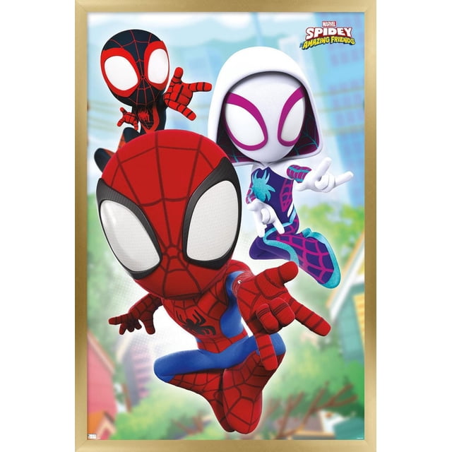 Marvel Spidey and His Amazing Friends - Affiche Murale de Toiles, 22,375 Pouces x 34 Pouces Représentant Trois Personnages Animés de Spider-Man en Rouge, Noir et Blanc-Violet, Ensembles à Motif de Toile Attaquant des poses Dynamiques en Vol contre un Paysage Urbain Flou avec des Arbres, Imprimée sur Papier Lustré et Encadrée en Bois Clair. Cette Oeuvre Murale Convient pour Décorer des Chambres, des Salles de Jeux Ou des Bureaux.