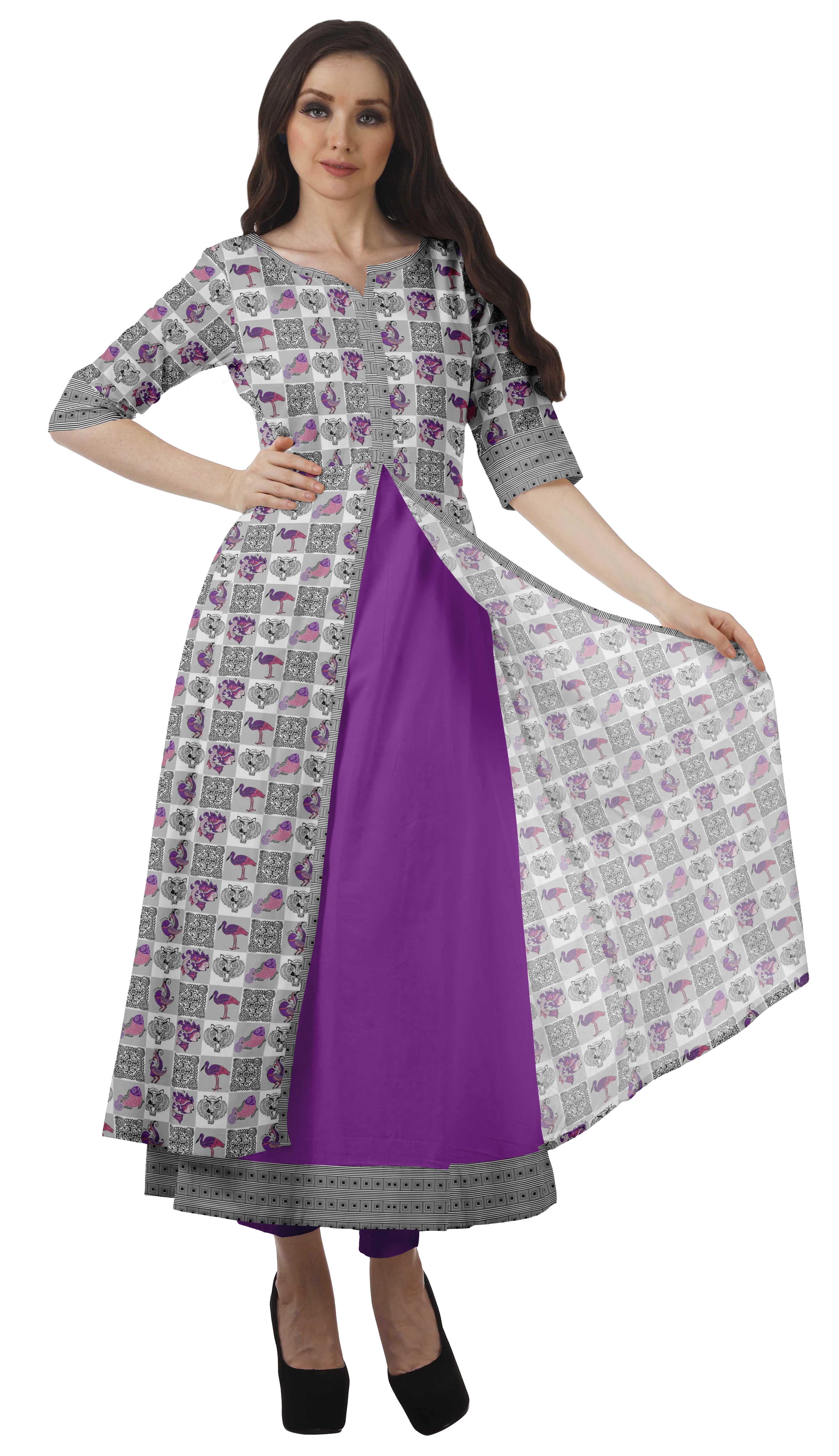 Moomaya Tunique Imprimée en Coton pour Femmes, Fente sur le Fron, Manches Courtes, Longue Kurta Kurti, Ensemble-2TG