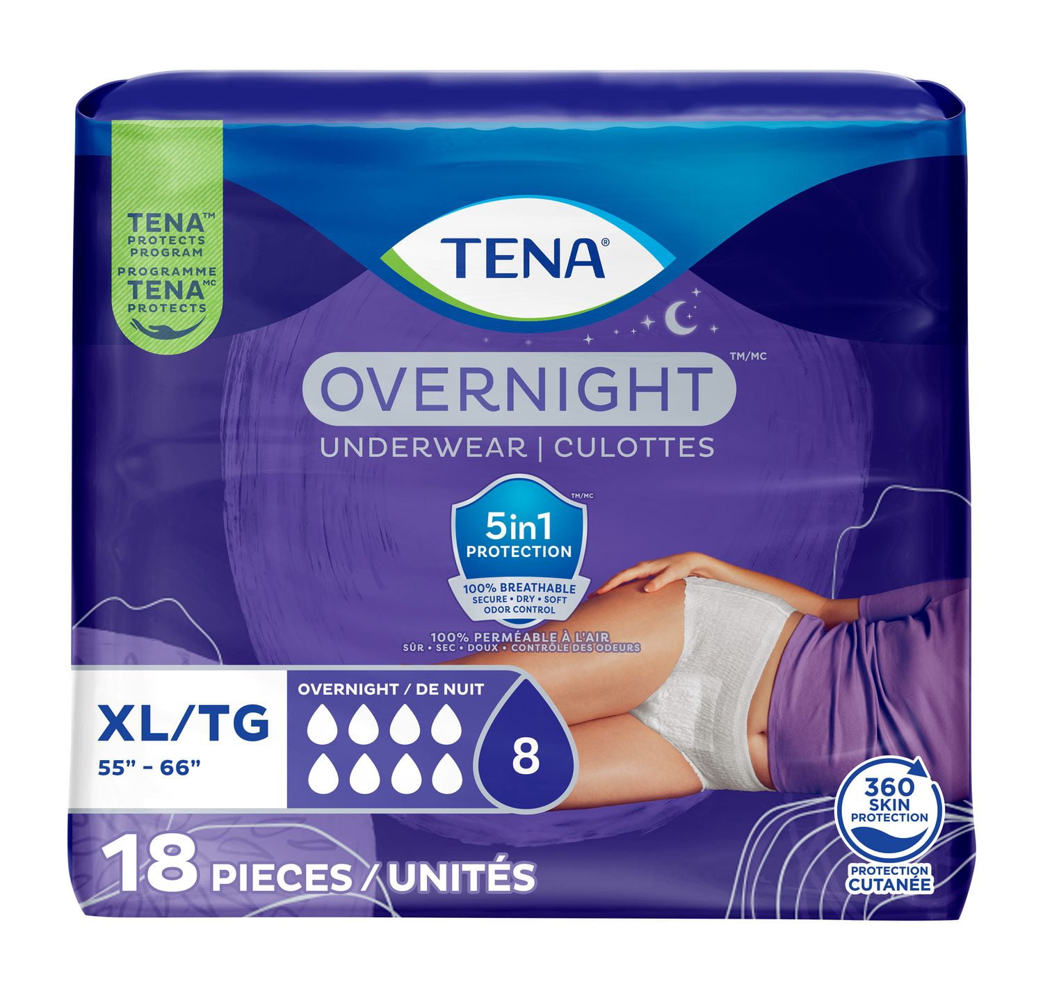 TENA, Incontinence Underwear for Women, Postpartum and Bladder Control, Overnight Absorbency, Extra Large, 18 Count