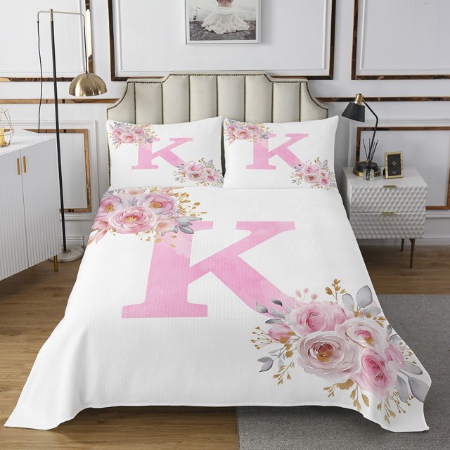 Erosebridal Girls Pink Rose Coverlet Set Twin, Initial K Letter 02, Cartoon Decor