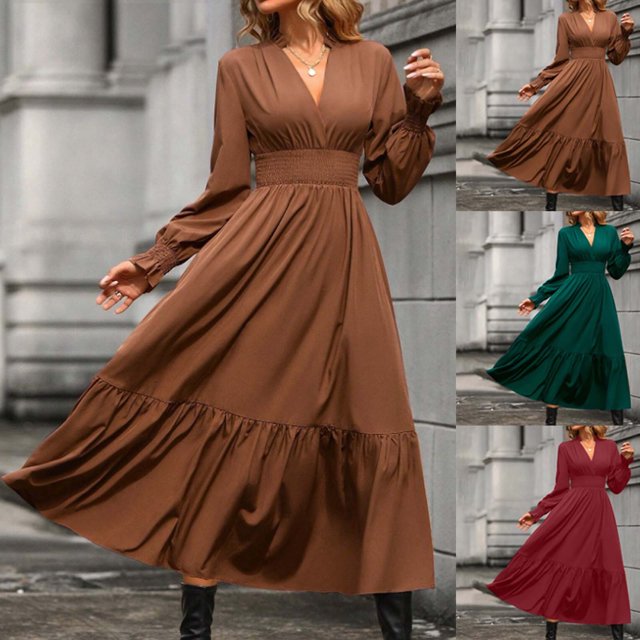 Gspmoly Robes pour Femmes, Femme Couleur Unie Manches Longues Col en V Sans Capuche Mode Automne Robes de Bureau Robe Cocktail Offres des Fêtes