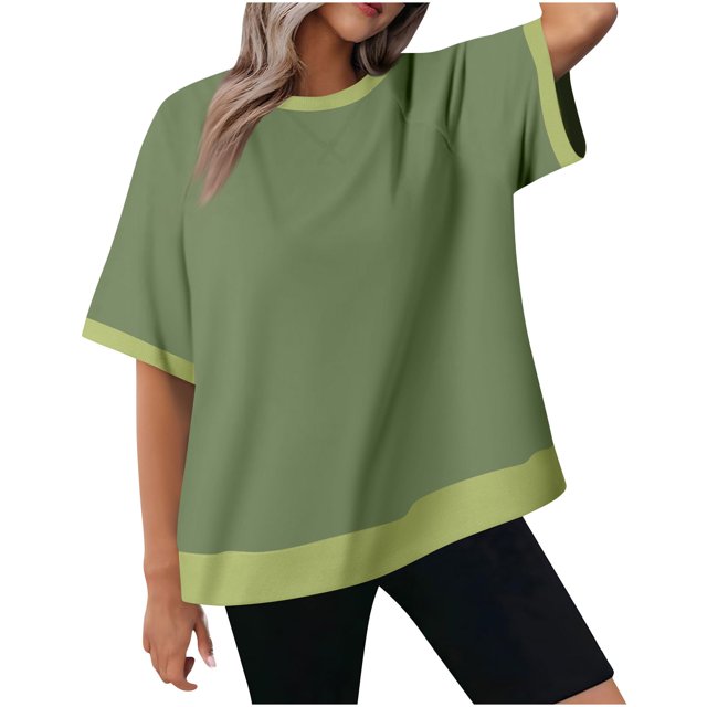 Plebaso T-shirts Surdimensionnés pour Femmes à Blocs de Couleur, Manches Courtes, T-Shirts Décontractés à Col Rond, Chemises Amples pour Femmes