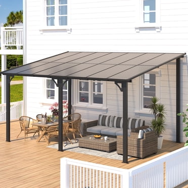 AECOJOY 10 x 14 Ft Wall-Mounted Hardtop Gazebo, Polycarbonate Roof & Metal Frame, Dark Grey