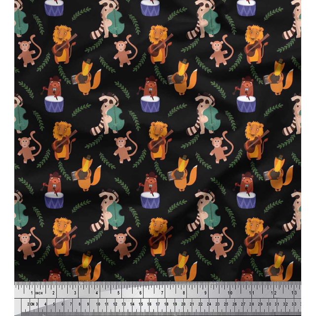 Soimoi Rayon Fabric Leaves,Musical Instruments & Animals Kids Print Sewing Fabric Yard 42 Inch Wide