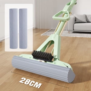 Vadktai Sponge Mop, Roller Sponge Mop, Self Squeeze Sponge Mop, Stainless Steel Handle with 2 PVA Absorbent Mop Head Refills, for Home Commercial Use Tile Floor Bathroom Garage Cleaning