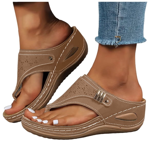 Women's Orthopedic Wedge Sandals Casual Platform Slip On Open Toe Sandals Arch Support Flip Flops Dress Shoes Brown Size 8