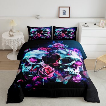 Erosebridal Skeleton Skull Bedding Sets Queen with Comforter, Romantic Rose Comforter Sets Queen Size, Butterfly Down Comforter, Ultra Soft Room Decorative, 3 Pieces