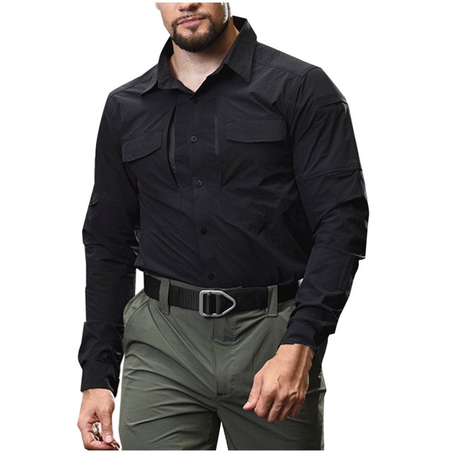 Men's Fashion Casual Solid Color Buttons Pockets Long Sleeve Turndown Collar Blouse RXIRUCGD Noir, Taille: L