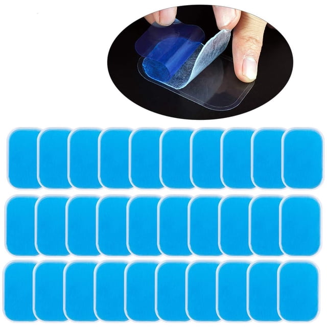 Pack of 60 EMS gel pads for abdominal trainers, designed for electrical muscle stimulation. The pads are rectangular with rounded edges, featuring a blue hydrogel surface and a transparent protective layer. These replacement gel sheets are self-adhesive, reusable, and compatible with most EMS devices. The image shows multiple gel pads arranged in rows, with a close-up of one being peeled to reveal its adhesive side.