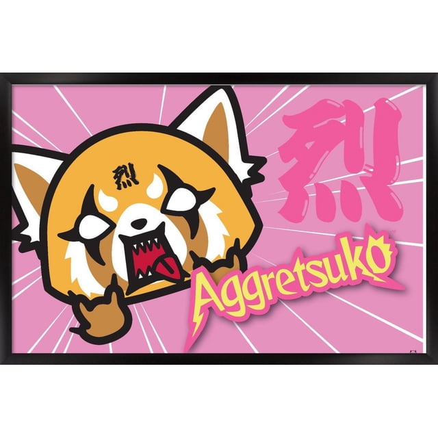 Aggretsuko - Affiche Murale Cornes, 14,725 Pouces x 22,375 Pouces Encadrée Présentant une Tête de panda Roux de Dessin Animé Centrée avec des Yeux Blancs, Bouche Ouverte Montrant des Dents et une Langue Tranchantes, Fabrication de Panneaux de Main en Pierre sur Fond Rose avec des Lignes Radiales Blanches et des Caractères Japonais Roses Audacieux, Accentuée du logo Texte Aggretsuko Jaune et Rose, Convient à la Décoration Murale de Chambre, Bureau Ou Dortoir.