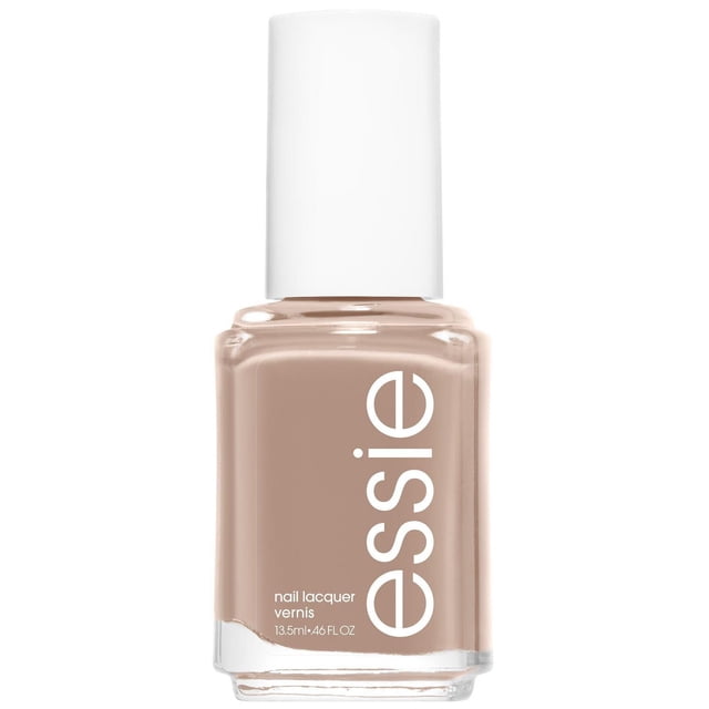 essie nail polish in wild nude light tan, 13.5ml bottle with white cap and clear glass container showing glossy vegan nail lacquer, formulated for salon-quality, streak-free, chip-resistant manicure with easy-glide brush