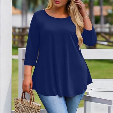 Maqroz Plus Size Tshirts for Women 3/4 Sleeve Crew Neck Casual Tunic Tops Oversized Split T Shirts Dressy Blouses with High Low Hem Loose Fit Flowy Pleated Spring Summer Tees Clothes Navy XXXL