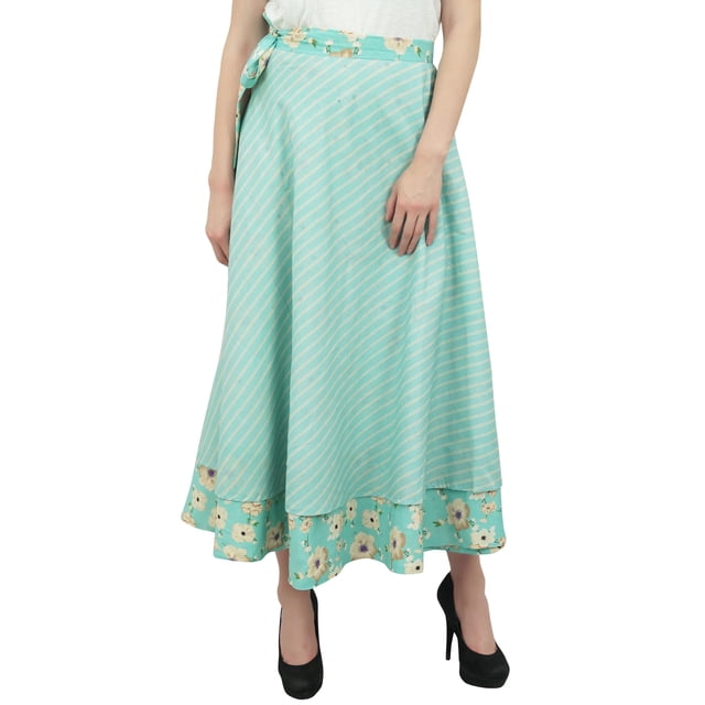Phagun Jupe Portefeuille Longue Réversible en Coton Vert Menthe à Imprimé Floral, Couvre-Maillot