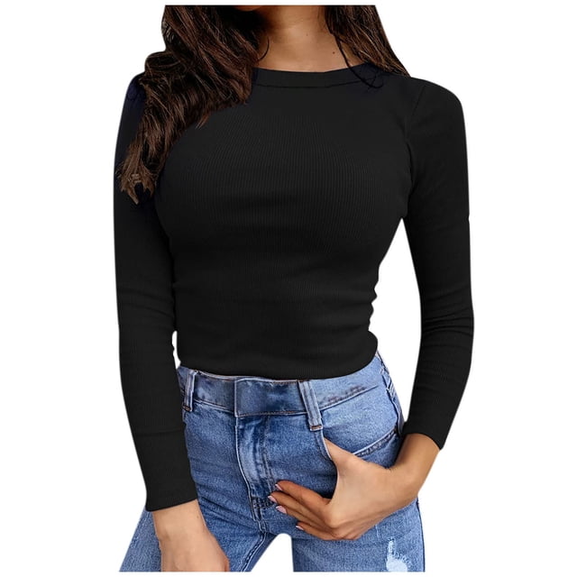 IROINID Reduced Womens Long Sleeve Tops Fall Stretch Slim Fitted Ribbed T-Shirt Blouse Solid Basic Tops,Black