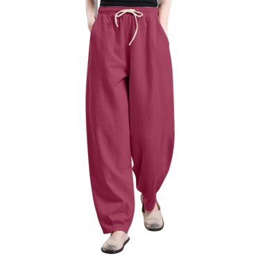 Ohufall Pantalon Décontracté pour Femmes Grande Taille en Coton et Lin Uni, Pantalon Ample Pleine Longueur à Taille Élastique avec Cordon, Pantalon Confortable pour Dames, Pantalon Habillé, M-5TG
