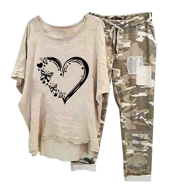 Ensembles d'Été pour Femmes 2023 T-Shirt à Col Rond Imprimé à Manches Mi-Longues à Enfiler Hauts + Pantalon Ensemble de Pantalons Ensembles pour Femmes en Liquidation