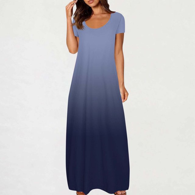 Ovzne Robes pour Femmes Robe de Plage Robe pour Femmes à Grande Poche Robe Imprimée Colorée Robe Aguichant à Col Rond Robe à Manches Courtes Robe de Printemps Robes Longues à Manches Courtes Liquidation