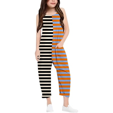 GDREDA Girls' Striped Print Casual V Strap Romper Loose Casual Romper With Pocket Going out Pants for Girls