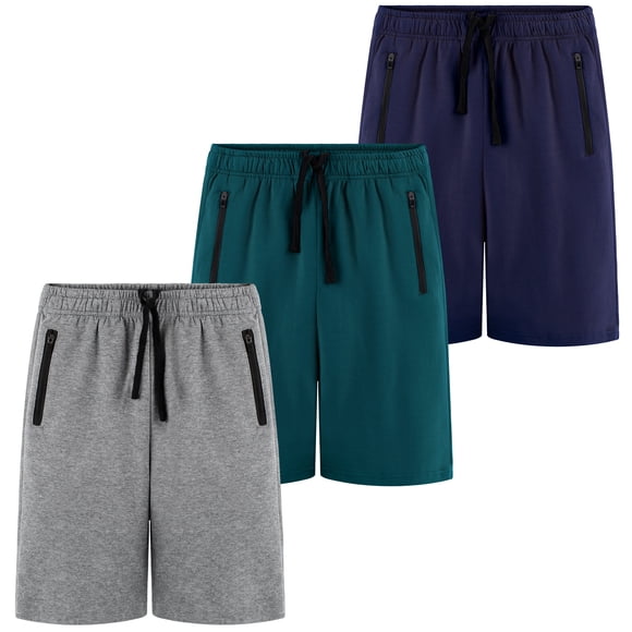 BIG ELEPHANT Boy's Athletic Shorts with Zipper Pockets and Drawsting, Youth Boys Casual Shorts, 3-Pack, Sizes: 7-17Y