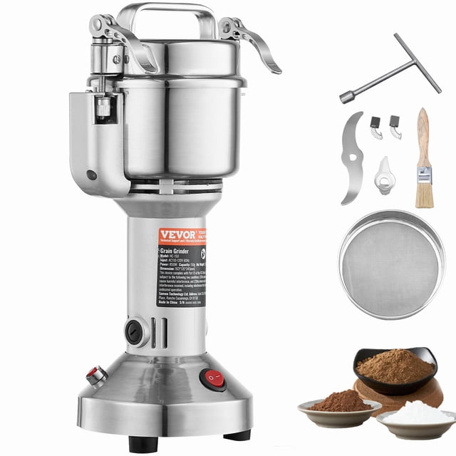 VEVOR 750g Commercial Spice Grinder Electric Grain Mill Grinder High Speed centered front view of stainless steel commercial grinder with 750g hopper, 2000W motor and 28000 r/min speed, three-layer quenching steel blades, adjustable 0–5 min knob timer, snap-on lid and 6.1 x 4.3 in grinding tank; suitable for grinding grains and spices and often used to pulverize coffee beans or dried herbs for seasoning.