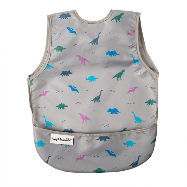 Tiny Twinkle Bavoir Tablier Anti-Dérapage pour Bébé en Gris avec Imprimés de Dinosaures Colorés Bleus, Verts et Roses, Doté d'Un Tissu Doux et Léger Imperméable, d'Une Grande Poche Anti-Déversement et d'Une Conception Lavable à la machine pour un Nettoyage Facile pendant l'Alimentation.