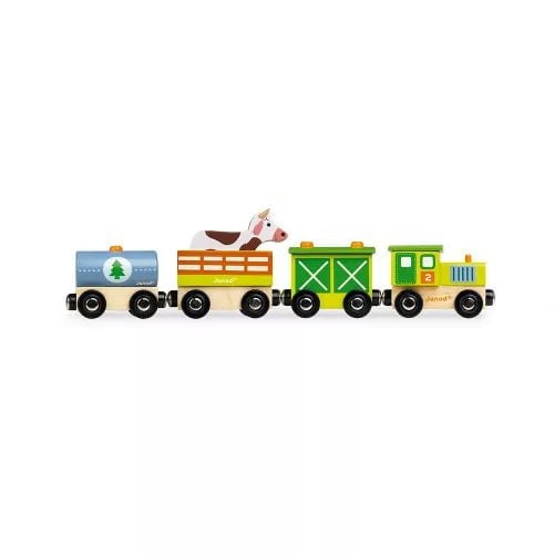 Janod - Coffret Train de la Ferme - 5 Figurines en Bois - Jouet d'Imagination - Animaux de la Ferme avec Véhicules - Compatible avec les Rails Déjà sur le Marché - Convient aux Enfants de 3 Ans et Plu