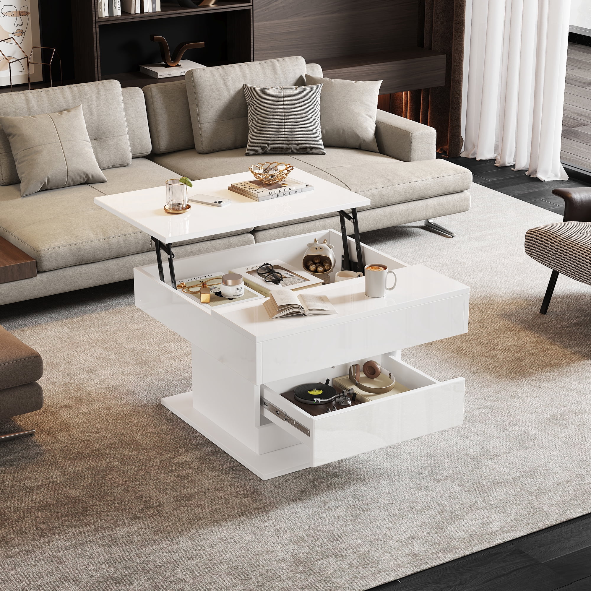 Table basse pivotante Noble House, plateau relevable brillant à 360°, blanche