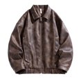 thumbnail image 1 of Pisexur Leather Jacket Men Man Solid Color Leisure Time Zipper Pocket Flip Collar Long Sleeves Leather Jacket Motorcycle Jacket, 1 of 2