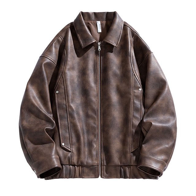 Pisexur Leather Jacket Men Man Solid Color Leisure Time Zipper Pocket Flip Collar Long Sleeves Leather Jacket Motorcycle Jacket