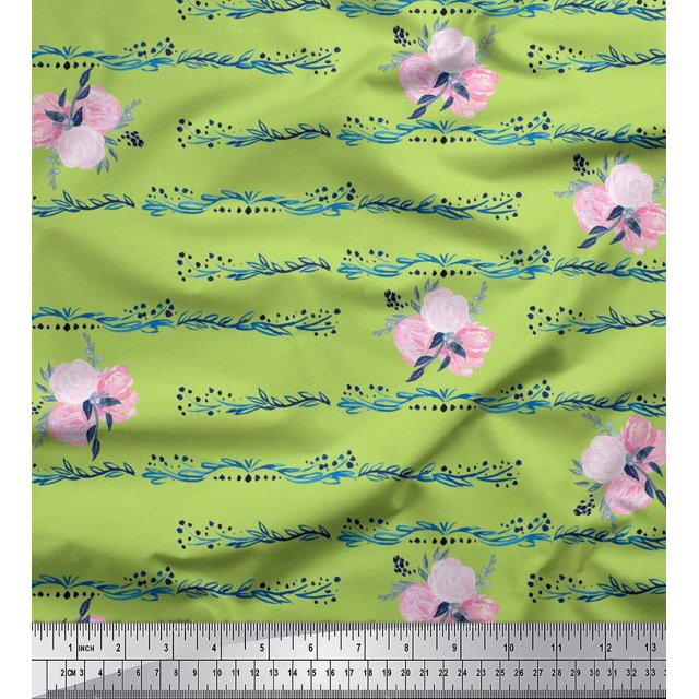 Soimoi Green Moss Georgette Fabric Leaves & Ranunculus Floral Print Fabric by the Yard 42 Inch Wide
