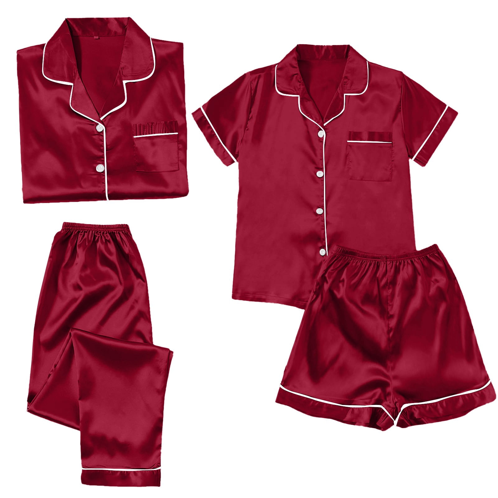 ZJXFGS Womens Summer Pajamas Sets, Silk Pajamas, Satin Pyjamas Women's Short 4 Piece Pyjamas Short Sleeve Sleepwear and Shorts Set Women Loungewear, Womens Pajama Set Red 5XL